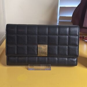 Chanel Vintage Chocolate Bar Wallet Black Lambskin Gold Plate CC Clutch W/ COA